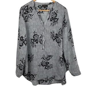 Tamara H. Black & Grey Check Plaid & Floral 1/2 Button Down V-Neck Blouse L